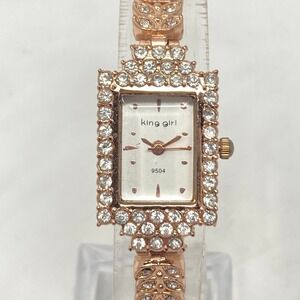 King Girl Tank Watch Women 19mm Rose Gold Tone Crystals Leaf Bling New Battery